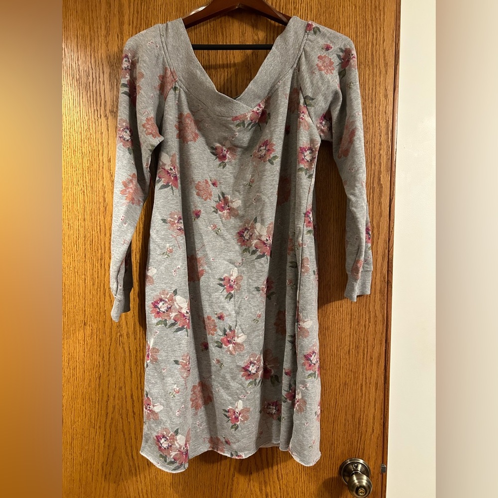 Maurices Gray Floral Sweater Dress Tunic Off Shoulder Long Sleeve